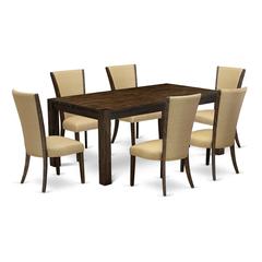 East West Furniture - LMVE7-77-03 - 7-Pc Dining Room Table Set- 6 Kitchen Chairs and Dining Table - Brown Linen Fabric Seat and Stylish Chair Back - Distressed Jacobean Finish
