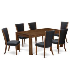 East West Furniture - LMVE7-N8-24 - 7-Pc Kitchen Dining Room Set- 6 Parson Dining Chairs and Dining Table - Black Linen Fabric Seat and High Chair Back - Antique Walnut Finish