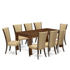 East West Furniture LMVE9-77-03 9Pc Kitchen Table Set Contains a Dining Room Table and 8 Parsons Dining Chairs with Brown Color Linen Fabric, Distressed Jacobean Finish