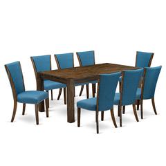 East West Furniture LMVE9-77-21 9Pc Modern Dining Table Set Includes a Dining Table and 8 Parsons Chairs with Blue Color Linen Fabric, Distressed Jacobean Finish