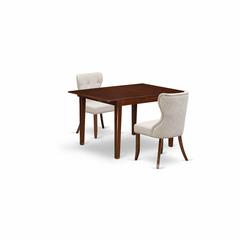 East-West Furniture MLSI3-MAH-35 - A dining set of two amazing parson chairs using Linen Fabric Doeskin color and a wonderful 12" butterfly leaf rectangle dining table in Mahogany Finish