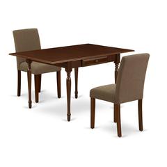 1MZAB3-MAH-18 3Pc Dining Table Set Includes a Dining Table and 2 Parson Chairs with Coffee Color Linen Fabric, Drop Leaf Table with Full Back Chairs, Mahogany Finish