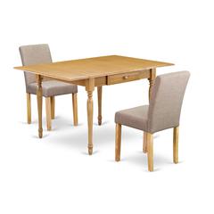 1MZAB3-OAK-04 3Pc Dinette Set Contains a Small Dining Table and 2 Parsons Dining Chairs with Light Fawn Color Linen Fabric, Drop Leaf Table with Full Back Chairs, Oak Finish