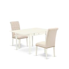 1MZBR3-LWH-02 3Pc Dining Table Set Contains a Kitchen Table and 2 Parsons Chairs with Light Beige Color Linen Fabric, Drop Leaf Table with Full Back Chairs, Linen White Finish