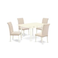 1MZBR5-LWH-02 5Pc Dinette Set Includes a Small Table and 4 Parsons Dining Chairs with Light Beige Color Linen Fabric, Drop Leaf Table with Full Back Chairs, Linen White Finish