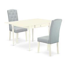 1MZCE3-LWH-15 3Pc Dining Table Set Contains a Wood Dining Table and 2 Upholstered Dining Chairs with Baby Blue Color Linen Fabric, Drop Leaf Table with Full Back Chairs, Linen White Finish