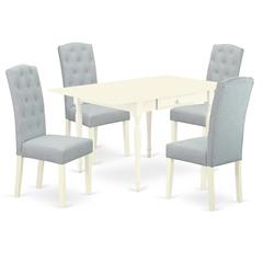 1MZCE5-LWH-15 5Pc Dinette Sets for Small Spaces Includes a Small Kitchen Table and 4 Parson Chairs with Baby Blue Color Linen Fabric, Drop Leaf Table with Full Back Chairs, Linen White Finish