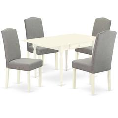1MZEN5-LWH-06 5Pc Modern Dining Table Set Contains a Wood Dining Table and 4 Parsons Chairs with Shitake Color Linen Fabric, Drop Leaf Table with Full Back Chairs, Linen White Finish
