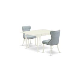East-West Furniture MZSI3-LWH-15 - A dinette set of two fantastic parson dining chairs with Linen Fabric Baby Blue color and a wonderful drop leaf rectangle dining room table with Linen White color