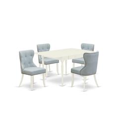 East-West Furniture MZSI5-LWH-15 - A wooden dining table set of 4 wonderful dining room chairs with Linen Fabric Baby Blue color and a beautiful drop leaf rectangle kitchen table with Linen White colo