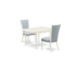 East-West Furniture MZVE3-LWH-15 - A dinette set of two wonderful indoor dining chairs with Linen Fabric Baby Blue color and a fantastic drop leaf rectangle kitchen table with Linen White color