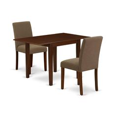 1NDAB3-MAH-18 Modern Dining Table Set 3 Pc - Two Parson Chairs and a Dining Room Table - Mahogany Finish Wood - Coffee Color Linen Fabric