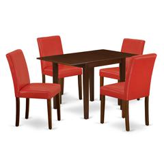 1NDAB5-MAH-72 Dinette Set 5 Pc - Four Kitchen Chairs and a Modern Dining Table - Mahogany Finish Hardwood - Firebrick Red Color Pu Leather