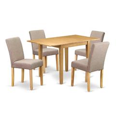 1NDAB5-OAK-04 Dinette Set 5 Pc - Four Dining Room Chairs and a Wooden Table - Oak Finish Hardwood - Light Fawn Color Linen Fabric