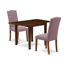 1NDCE3-MAH-10 Wooden Dining Table Set 3 Pc - 2 Dining Chairs and a Dining Table - Mahogany Finish Wood - Dahlia Color Linen Fabric