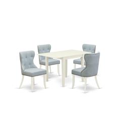 East-West Furniture NDSI5-LWH-15 - A wooden dining table set of 4 amazing dining chairs with Linen Fabric Baby Blue color and a lovely dining table with Linen White color