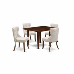 East-West Furniture NDSI5-MAH-35 - A dining set of 4 wonderful parson dining chairs with Linen Fabric Doeskin color and an attractive dining table with Mahogany Finish