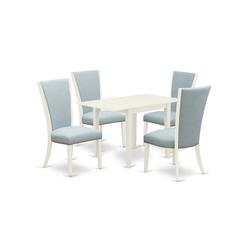 East-West Furniture NDVE5-LWH-15 - A dinette set of 4 amazing kitchen dining chairs with Linen Fabric Baby Blue color and a lovely drop leaf rectangle kitchen table with Linen White color