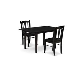 NFDL3-BLK-W - 3-Piece Kitchen Dining Room Set- 2 Modern Dining Chairs with Wooden Seat and Slatted Chair Back - Butterfly Leaf Rectangular Dining Table (Black Finish)