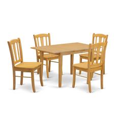NFDL5-OAK-W - 5-Piece Kitchen Dining Room Set- 4 Dining Chair with Wooden Seat and Slatted Chair Back - Butterfly Leaf Modern Kitchen Table - Oak Finish