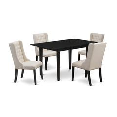 East West Furniture NFFO5-BLK-01 5-Pc Dinette Room Set Includes 1 Butterfly Leaf Dining Room Table and 4 Cream Linen Fabric Dining Chair with Button Tufted Back - Black Finish