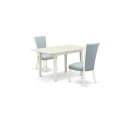 East-West Furniture NFVE3-LWH-15 - A dining table set of two amazing kitchen chairs with Linen Fabric Baby Blue color and a gorgeous 12" butterfly leaf rectangle dining table with Linen White color