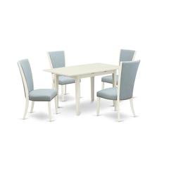 East-West Furniture NFVE5-LWH-15 - A wooden dining table set of 4 wonderful dining room chairs with Linen Fabric Baby Blue color and a wonderful dinner table with Linen White color