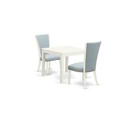 East-West Furniture OXVE3-LWH-15 - A modern dining table set of 2 excellent indoor dining chairs with Linen Fabric Baby Blue color and a gorgeous Square wooden table with Linen White color