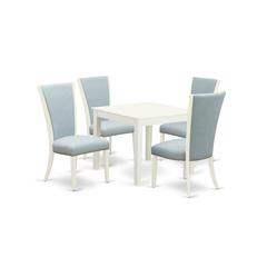 East-West Furniture OXVE5-LWH-15 - A dining table set of 4 fantastic dining room chairs with Linen Fabric Baby Blue color and a lovely Square dining room table with Linen White color
