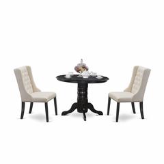 East West Furniture SHFO3-BLK-01 3-Pc Dinette Room Set Includes 1 Pedestal Dining Table and 2 Cream Linen Fabric Dining Padded Chairs with Button Tufted Back - Black Finish