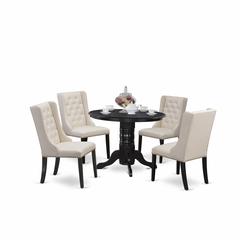 East West Furniture SHFO5-BLK-01 5-Piece Dinette Set Includes 1 Pedestal Dining Table and 4 Cream Linen Fabric Upholstered Dining Chairs with Button Tufted Back - Black Finish