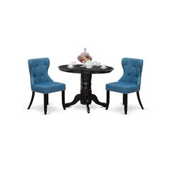 East-West Furniture SHSI3-BLK-21 - A dining room table set of 2 amazing parson dining chairs with Linen Fabric Mineral Blue color and a lovely 42-Inch Antique pedestal kitchen table using Black color