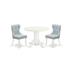 East-West Furniture SHSI3-WHI-15 - A dining room table set of 2 amazing kitchen chairs with Linen Fabric Baby Blue color and a gorgeous modern dining table with Linen White color