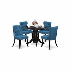 East-West Furniture SHSI5-BLK-21 - A wooden dining table set of 4 wonderful dining room chairs with Linen Fabric Mineral Blue color and a stunning 42-Inch Round wooden dining table using Black color
