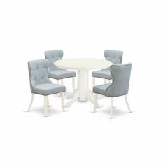 East-West Furniture SHSI5-WHI-15 - A dining room table set of 4 amazing parson chairs with Linen Fabric Baby Blue color and a gorgeous wood table with Linen White color