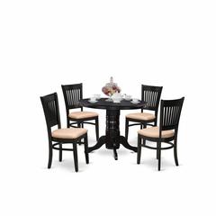 East West Furniture - SHVA5-BLK-C - 5-Pc Kitchen Dining Set- 4 Modern Dining Room Chair and Round Kitchen Table - Linen Fabric Seat and Slatted Chair Back - Black Finish