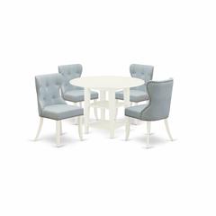 East-West Furniture SUSI5-LWH-15 - A dinette set of 4 wonderful parson dining chairs with Linen Fabric Baby Blue color and a stunning wood kitchen table with Linen White color