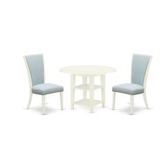 East-West Furniture SUVE3-LWH-15 - A kitchen dining table set of 2 great kitchen dining chairs with Linen Fabric Baby Blue color and an attractive drop leaf and two shelves round kitchen table with Li
