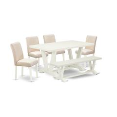 East West Furniture V026AB202-6 6-Pc Kitchen Dining Room Set - 4 Dining Chairs, a Modern Bench Linen White Top and 1 Linen White Dining Table Top with High Chair Back - Linen White Finish