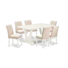 East West Furniture V026AB202-7 7-Pc Dining Room Table Set - 6 Parson Chairs and 1 Modern Rectangular Linen White Wooden Dining Table with High Chair Back - Linen White Finish