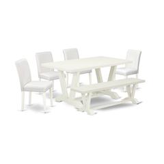 East West Furniture V026AB264-6 6-Piece Beautiful Dinette Set a Great Linen White Modern Dining Table Top - Linen White Dining Bench - 4 Excellent Pu Leather Dining Room Chairs with Stylish Chair Back