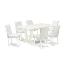 East West Furniture V026AB264-7 7-Piece Fashionable Kitchen Table Set a Superb Linen White Dining Room Table Top and 6 Excellent Pu Leather Padded Chairs with Stylish Chair Back, Linen White Finish