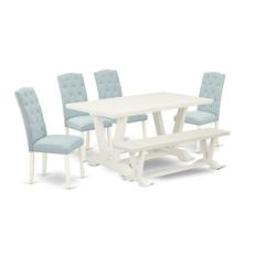 East West Furniture 6-Pc Dining Room Set- 4 Padded Parson Chairs with Baby Blue Linen Fabric Seat and Button Tufted Chair Back - Rectangular Top & Wooden Legs Dining Room Table and Kitchen Bench - Lin