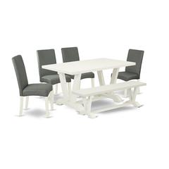 East West Furniture 6-Pc Kitchen Dinette Set-Gray Smoke Linen Fabric Seat and Stylish Chair Back Kitchen chairs, A Rectangular Bench and Rectangular Top Kitchen Dining Table with Hardwood Legs - Linen