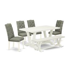 East West Furniture 6-Pc Dinette Table Set-Smoke Color Linen Fabric Seat and Button Tufted Chair Back Parson Dining chairs, A Rectangular Bench and Rectangular Top Dining room Table with Solid Wood Le