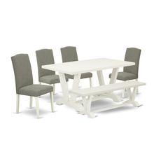 East West Furniture 6-Piece Table Dining Set-Dark Shitake Linen Fabric Seat and Stylish Chair Back Kitchen chairs, A Rectangular Bench and Rectangular Top Kitchen Table with Hardwood Legs - Linen Whit