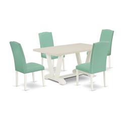 V026EN257-5 5 Pc Dining Room Set Contains a Linen White Dining Table and 4 Pond PU Leather Dining Chairs with High Back - Wire Brushed Linen White Finish