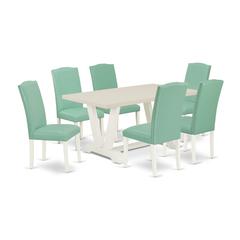 East West Furniture 7 Pc Mid Century Dining Set Consists of a Linen White Wood Table and 6 Pond PU Leather Upholstered Dining Chairs with High Back - Wire Brushed Linen White Finish