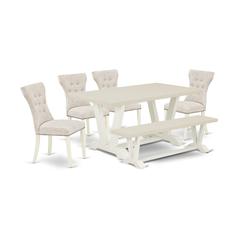 V026GA235-6 6-Piece Kitchen Dinette Set-Doeskin Linen Fabric Seat and Button Tufted Chair Back Parson dining room chairs, A Rectangular Bench and Rectangular top Kitchen Table with Wooden Legs - Linen