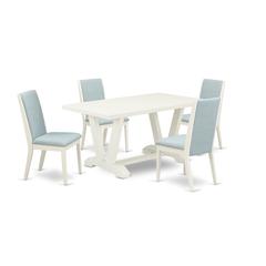 East West Furniture V026LA015-5 5Pc Kitchen Table Set Includes a Wood Table and 4 Parson Dining Chairs with Baby Blue Color Linen Fabric, Medium Size Table with Full Back Chairs, Wirebrushed Linen Whi